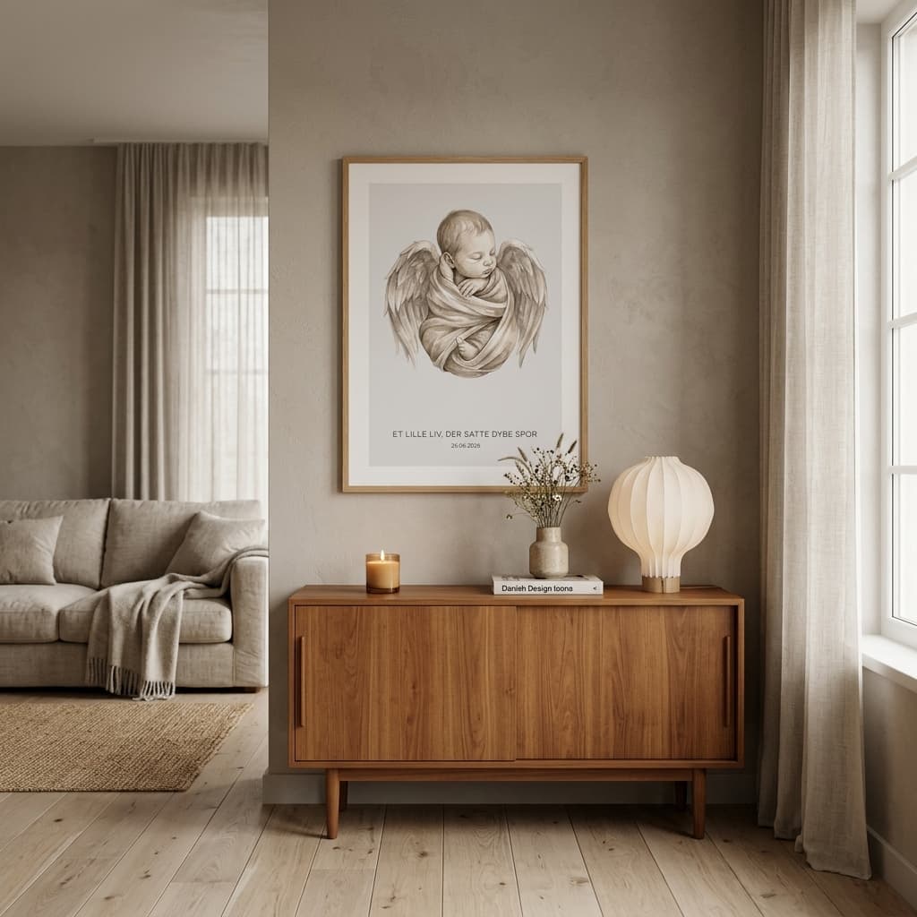 Englebarn mindeplakat i rolig og kærlig stue